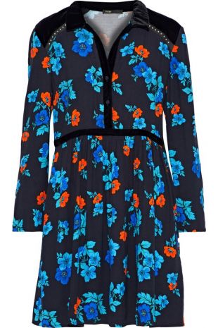 Velvet-paneled floral-print crepe mini shirt dress