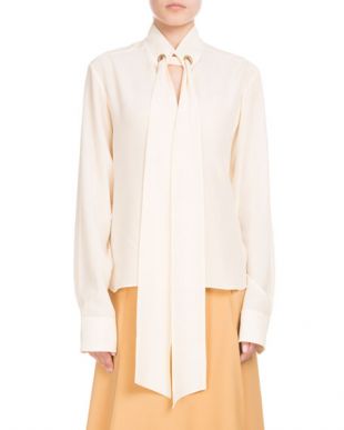 Long-Sleeve Open-Neck Silk Crepe de Chine Blouse w/ Ring Scarf