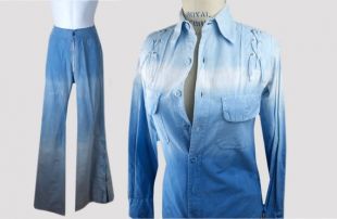 Vintage «plus» des années 1970 des années 70 lacé Tie Dye ombre denim Set Made in France | taille 26 "