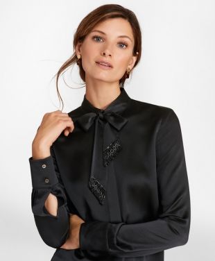 Beaded Bow Neck Silk Satin Blouse