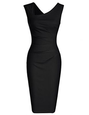 MUXXN Women's Classic V Neck Shirring Waist Bodycon Vintage Dress (S Black)