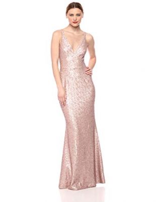 Dress the Population Women's Harper Sequin Sleeveless Plunging Long Gown, ice Pink, S