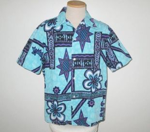Chemise Turquoise Barkcloth abstrait hawaïen vintage des années 1960 par Ui Maikai taille M, L
