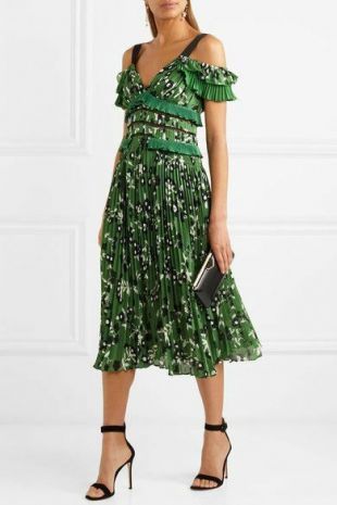 self portrait cold shoulder floral printed dress in green Type_SIMPLE