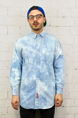Chemise en Jean vintage des années 90 Marlboro / chemise en Jean en détresse Mens Womens 80 s lavage léger Grunge Javel lavage acide Dip Dye
