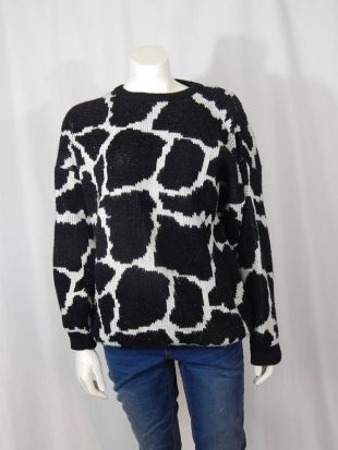 Impression du motif Vintage girafe tricot pull S petit Esprit Sport des années 80 des années 80 noir pull graphique ras du cou manches longues blanc