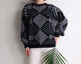 Pull vintage des années 1980 géométrique noir et blanc en tricot pull femmes grandes