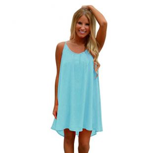Tonsee® Robe, Femmes Spaghetti Strap Hollow été Robe en Mousseline de Plage Courte (XXXL, Bleu)