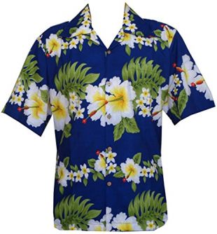 Hawaiian Shirt 10A Mens Cross Hibiscus Flower Print Beach Party Aloha Blue L