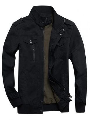Zaful Veste Cargo Zippée à Col Montant Khaki Black Army Green