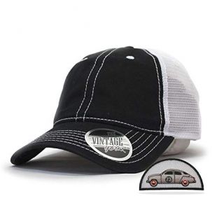 Vintage Year Washed Cotton Low Profile Mesh Adjustable Trucker Baseball Cap (Black/Black/White)