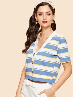 SheIn Top rayé à col en V avec bouton