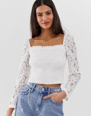 River Island Top froncé à manches en dentelle en Blanc