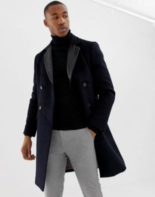 River Island double breasted wool coat with faux leather detail in black