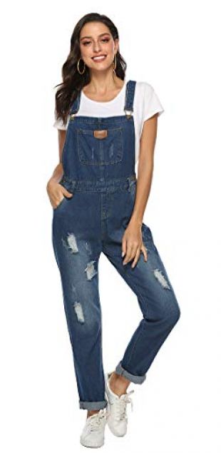 ezshe - ezShe Women's Ripped Boyfriend Denim Bib Overalls with Pocket ...