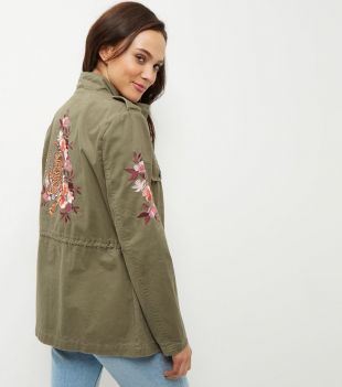 New Look Khaki Floral Embroidered Parka Jacket