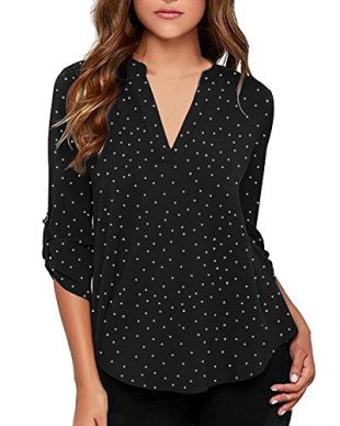 roswear Women's Casual Polka Dot Roll Tab Long Sleeve Blouse Black Dot Medium