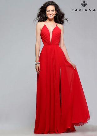 FAVIANA RED DEEP V-NECK CHIFFON PROM EVENING DRESS STYLE 7747 *WORN ONCE* SZ 16