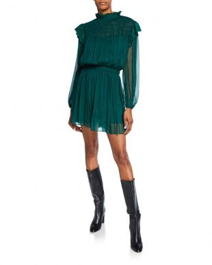 Mock-Neck Blouson-Sleeve Silk Crinkle Chiffon Dress