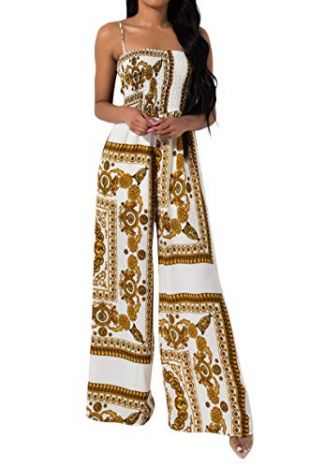 AKIRA Women's Baroque Scarf Print Smocked Bodice Wide Leg Jumpsuit Pantsuit-Gold Multi_S