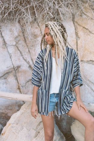 Fait à la main rayé antique indigo naturel tissé coton veste kimono