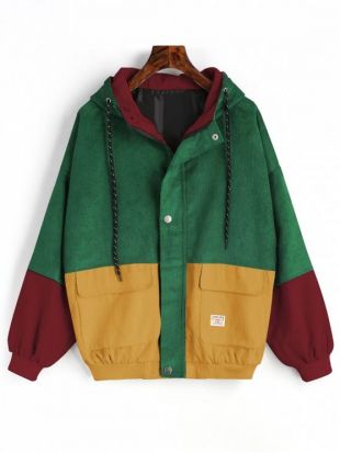 Veste à Capuche en Blocs de Couleurs en Velours Côtelé   BLUE GREEN PURPLISH BLUE YELLOW CHERRY RED GREEN DEEP GREEN