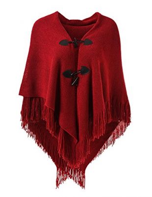 Ferand Women's Loose Fitting Poncho Cape Shawl with Stylish Horn Buttons, V Neckline and V Hem, Red
