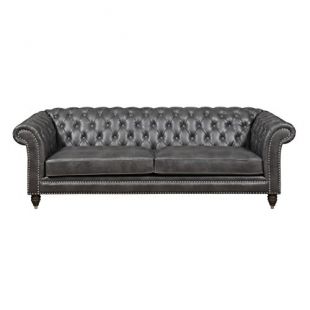 Emerald Home Capone Charcoal Sofa with Faux Leather Upholstery, Nailhead Trim, And Rolled Arms
