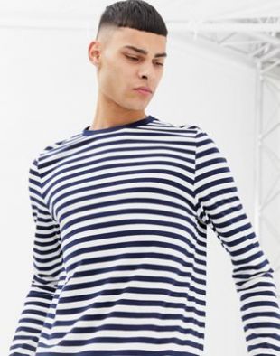 organic cotton stripe long sleeve t shirt in navy and white