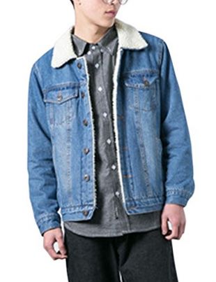 Lentta Men's Vintage Relax Fit Thick Fleece Sherpa Lined Denim Jean Jacket Coat (Large, Light Blue)