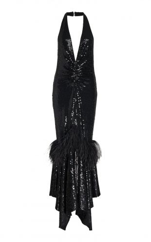 Michael Kors Feather-Trimmed Sequined Black Dress
