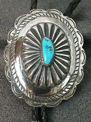 Vintage Navajo Domed Stamped Concho Sterling Silver Turquoise Leather Bolo Tie  | eBay