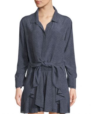 Ruched-Sleeve Dot-Print Tie-Front Shirt