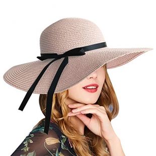 Women's Big Brim Sun Hat Floppy Foldable Bowknot Straw Hat UPF 50 Summer Beach UV Hat Pink