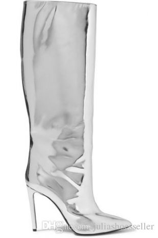 Acheter Mode Design Métallique Miroir En Cuir Argenté Genou Bottes Bottes Plaine À Bout Pointu Stiletto Talons Hauts Cuissardes Sur La Genou Femme De $85.82 Du Juliashoesseller | DHgate.Com