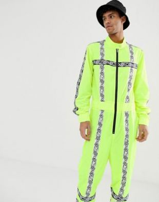 Jaded London festival boilersuit in neon yellow with reflective taping