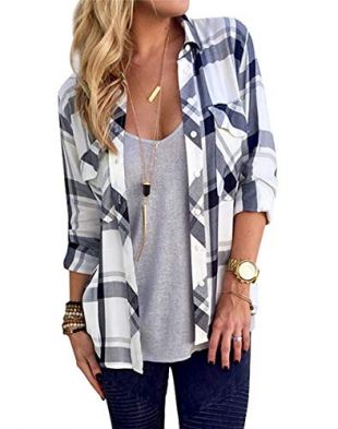 A ANGG Women Button Down Plaid Shirts Casual Gingham Checkered Shirt Long Sleeve Blouse, Grey, X-Large