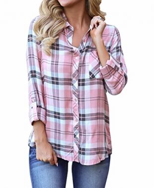 Grace Elbe Women's Collared Cuffed Sleeve Plaid Flannel Shirt Pink Large