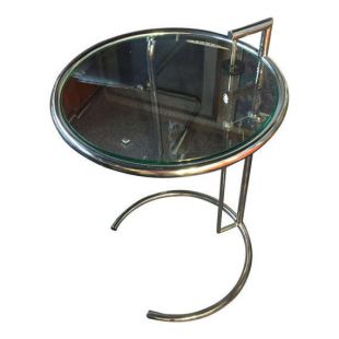 Eileen Gray Adjustable Chrome & Glass Table. Mid Century Modern Contemporary circular side coffee occasional end table.