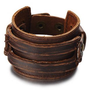 Classic Men's Stripe Leather Bracelet - Brown Genuine Leather Wristband With Alloy Buckle - View #6