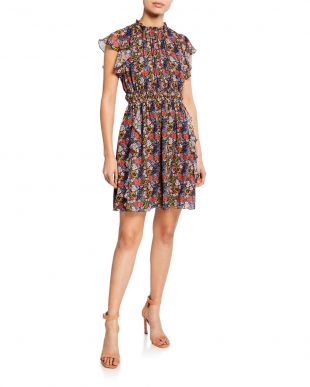 Amora Floral-Print Cap-Sleeve Ruffle Mini Dress
