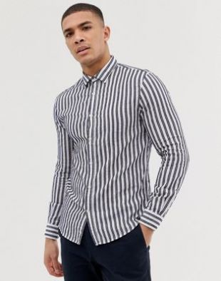 Celio - Celio slim fit long sleeve shirt with navy stripe in white