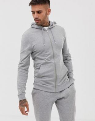 muscle zip up hoodie in gray marl