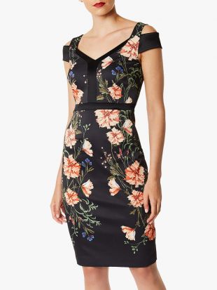 Off The Shoulder Floral Bodycon Dress, Black/Multi