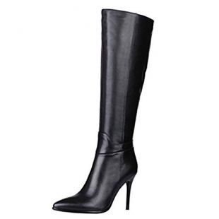 MERUMOTE Women's Genuine Leather Pointed Toe Zipper Stiletto Fashion Dress Party Knee High Boots Black 7 US