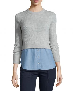 Veronica Beard Cati Wool Shirttail Combo Sweater, Gray/Blue