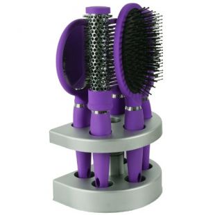 New Salon Styler 5 Piece High Quality Hair Care Hair Brushes Comb Mirror & Stand Gift Set - With Purple Soft Grip Handles - Includes Vent Brush, Paddle Brush, Curling Brush, Comb, Mirror and Stand.