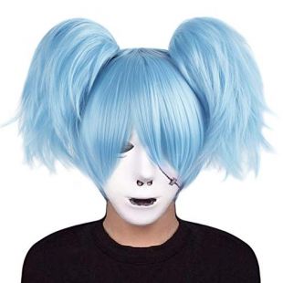 Anogol Hair Cap+ Anime Short Cosplay Wig Blue with Double Ponytail Wig for Costume Party Halloween DM-405