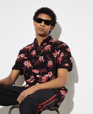 Polo col officier noir à imprimé fleurs