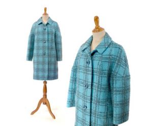 1960s Coat Blue Winter Coat Plaid Mod Swing Trapeze Womens Blue Coat Wool
